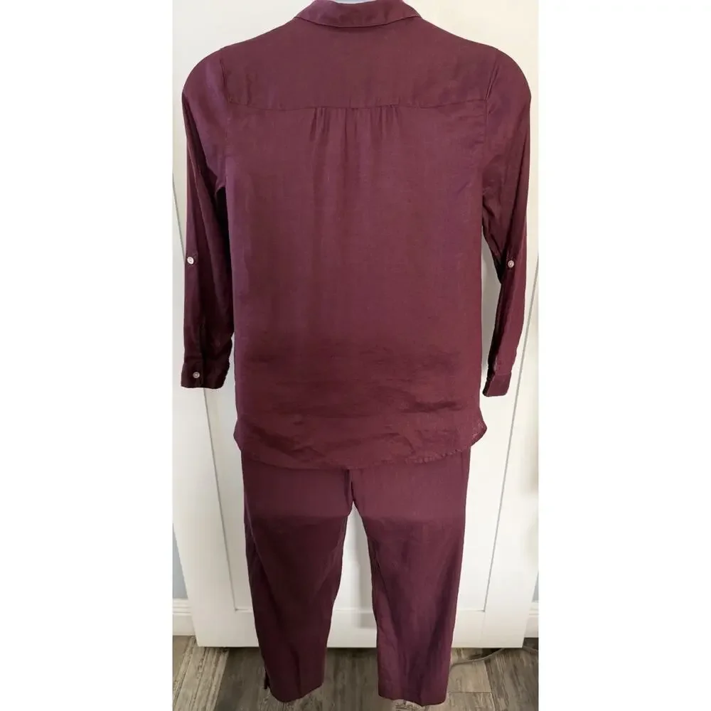 J.Jill Linen Stretch Burgundy 2 Piece Set Button Shirt & Cropped Pants M Petite